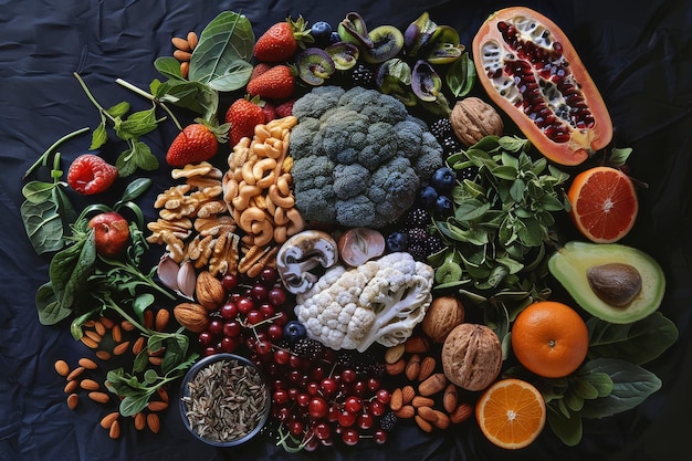 Photo assortment of fruits and nuts arranged in a brain shape on a dark background