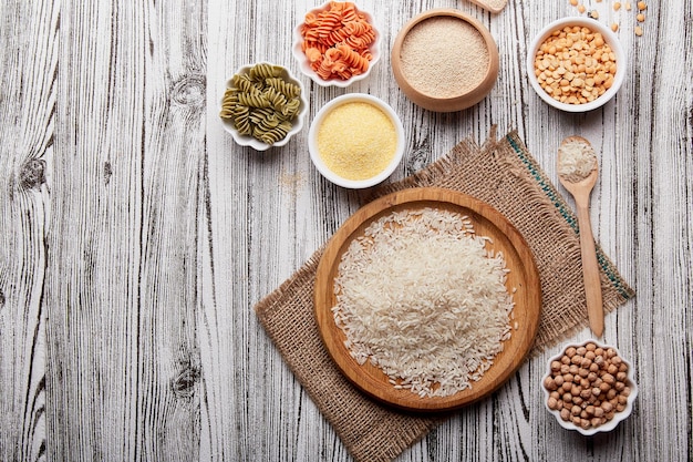 Assortment of glutenfree pasta and cereals amaranth peas chickpeas corn porridge FODMAP keto