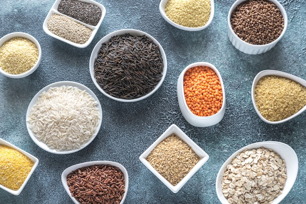 Assortment of grains on the gray table