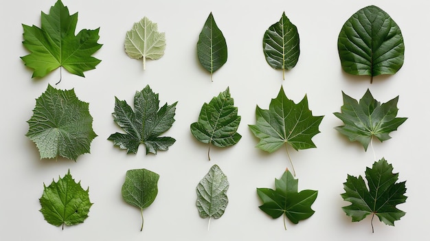 Ассортимент зеленых листьев разных форм и размеров, расположенных на белом фоне