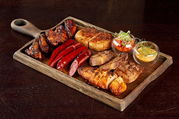 Assortment grilled sausages chicken meat with vegetables on wooden background