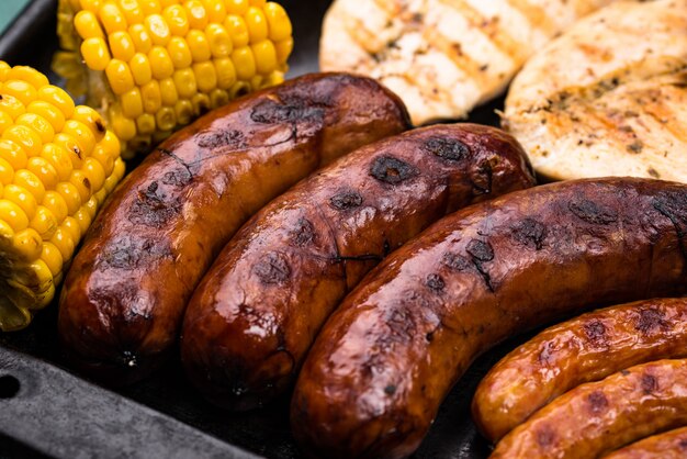 Assortimento di salsicce alla griglia, carne e verdure. picnic alla brace concetto