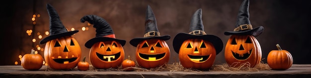 Assortment of Halloween pumpkins with hat