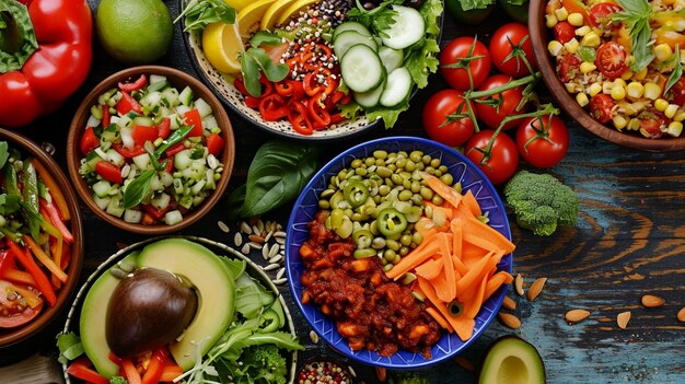 Assortment of healthy food dishes Top view Ai Generative