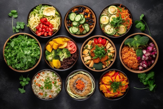 Assortment of healthy food dishes Top view Generative AI