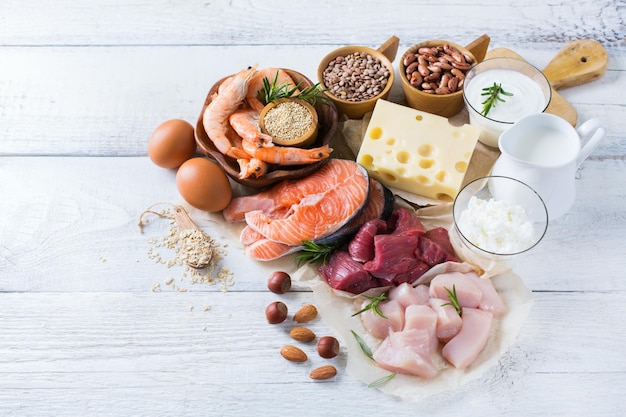 Assortment of healthy protein source and body building food Meat beef salmon shrimp chicken eggs dairy products milk cheese yogurt beans quinoa nuts oat meal Copy space background