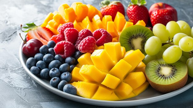 Assortment of healthy raw fruits and berries platter background Ai Generative