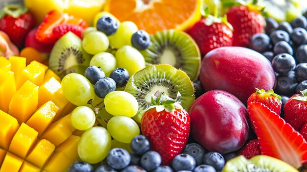 Assortment of healthy raw fruits and berries platter background Ai Generative