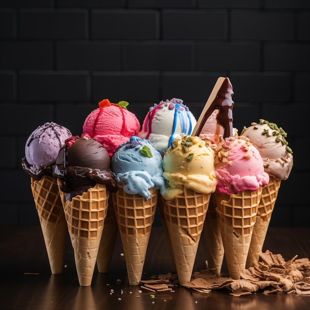 An assortment of ice cream scoops on waffle cones showcasing a variety of flavors