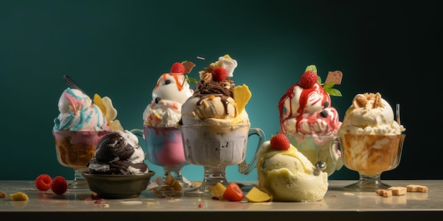 Assortment of icecream sundaes Created with generative AI technology