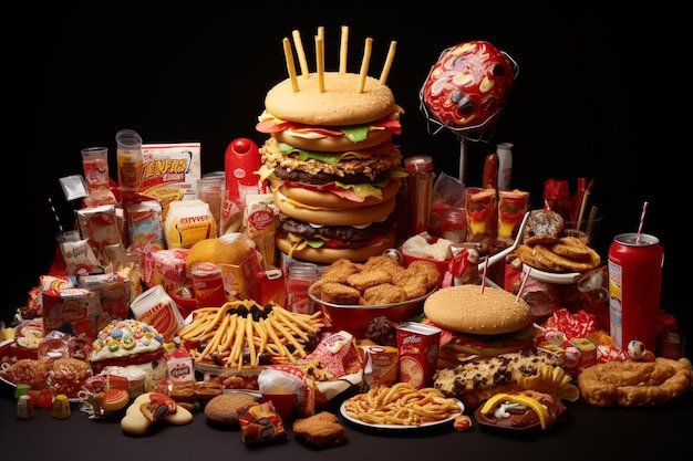 Photo an assortment of junk food including pizza and burgers