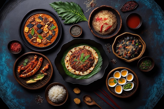 Assortment of Korean traditional dishes Asian food Top view flat lay panorama