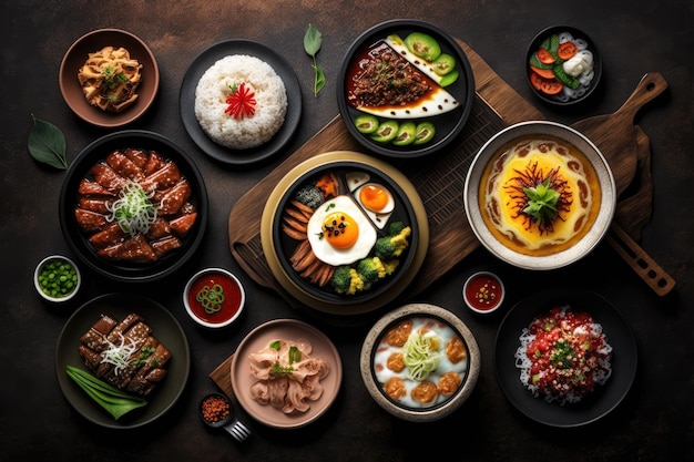 Assortment of Korean traditional dishes Asian food Top view flat lay panorama