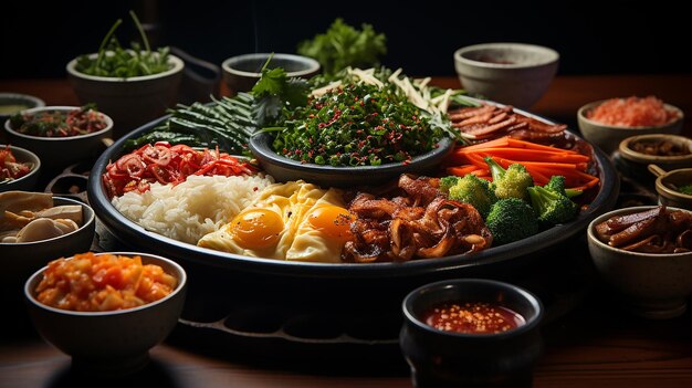 Assortment of Korean traditional dishes Asian food Top view flat lay panorama