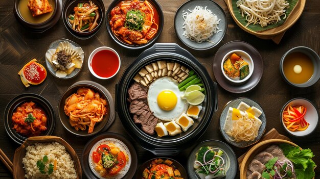 Assortment of Korean traditional dishes Asian food Top view Generative Ai