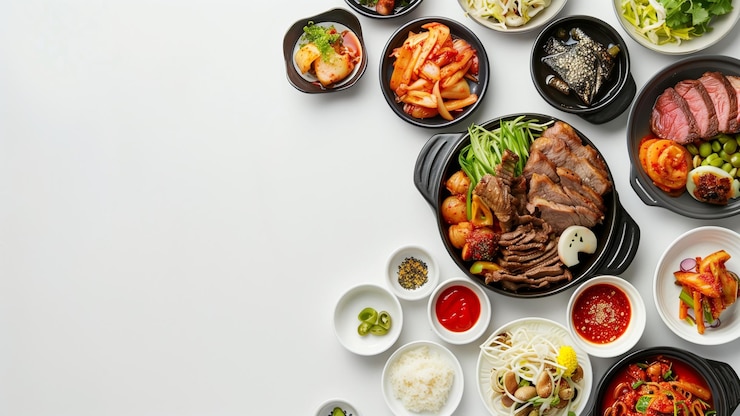 Photo 색 테이블 배경에 있는 한국 전통 요리의 품종 아시아 음식 탑 뷰