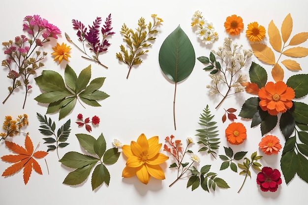 Assortment of leaves and flowers on white background