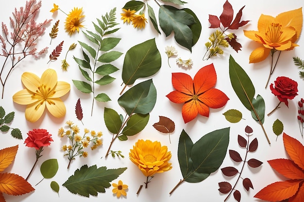 Assortment of leaves and flowers on white background