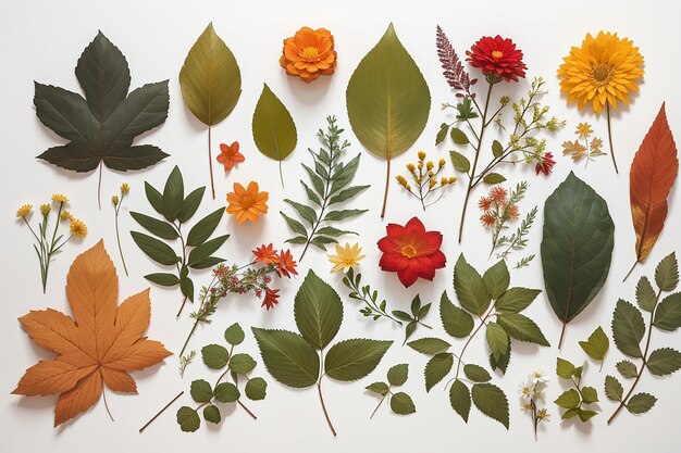 Assortment of leaves and flowers on white background