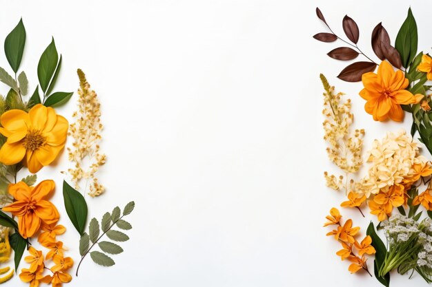 Assortment of leaves and flowers on white background