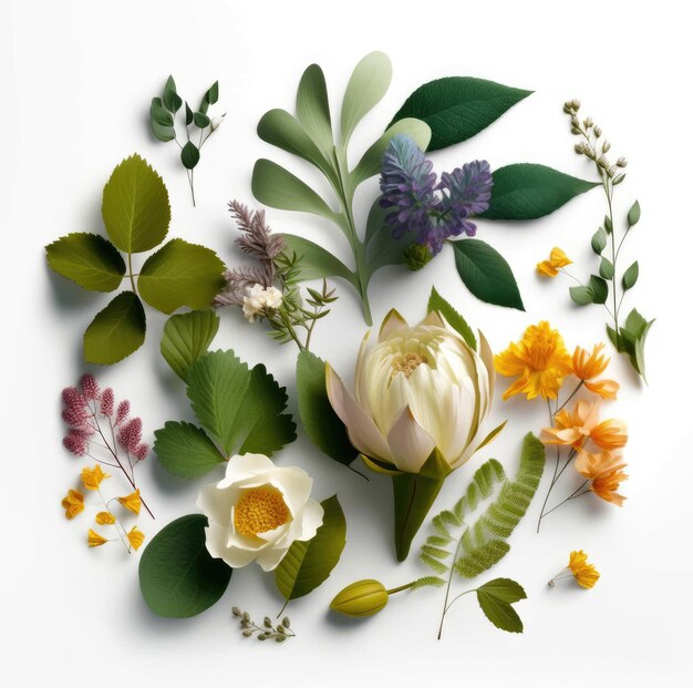 Assortment of leaves and flowers on white background