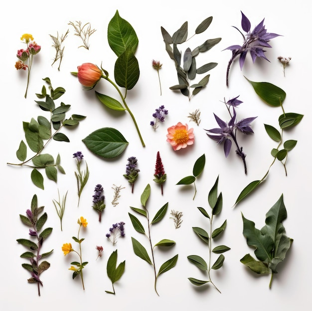 Assortment of leaves and flowers on white background