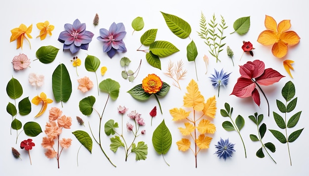 Assortment of leaves and flowers on white background