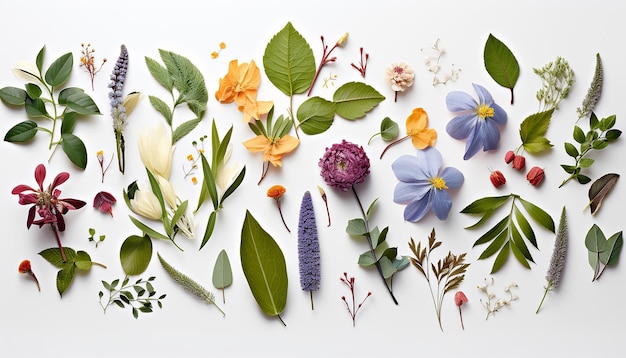 Assortment of leaves and flowers on white background