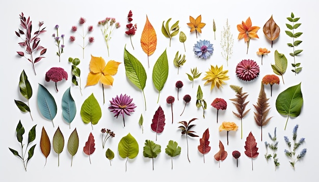 Assortment of leaves and flowers on white background