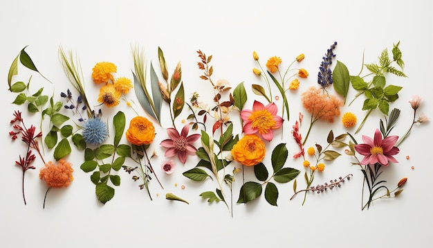 Assortment of leaves and flowers on white background