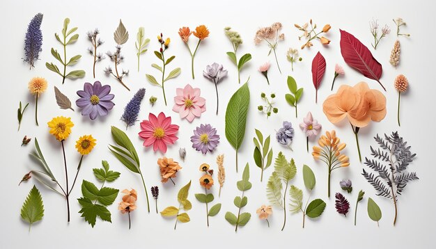 Assortment of leaves and flowers on white background