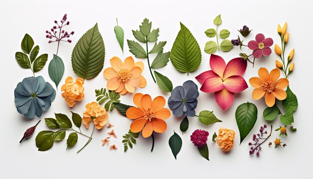 Assortment of leaves and flowers on white background