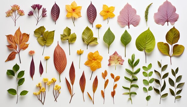 Assortment of leaves and flowers on white background