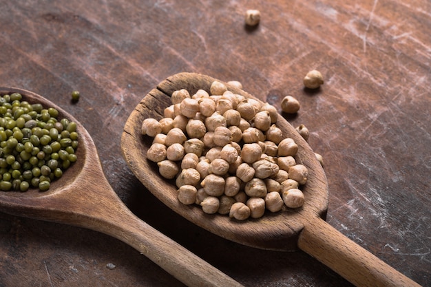 Assortment of Legumes in wooden spoons