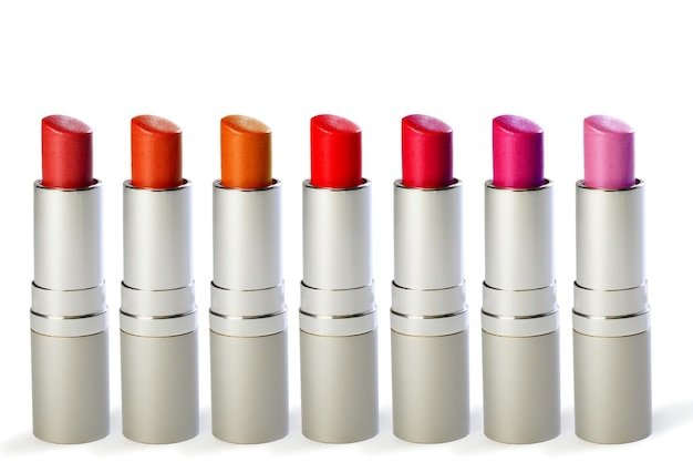 Assortment of lipsticks on white background Set of lipstick