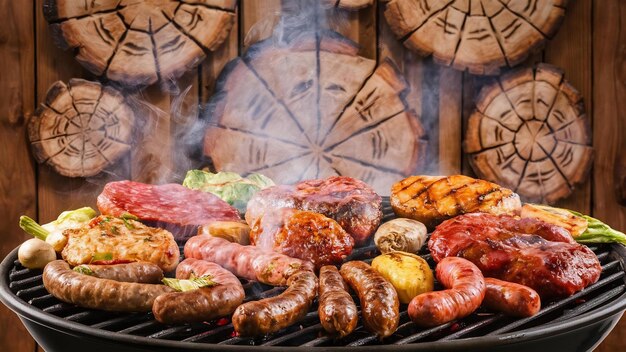 Assortment of marinated meat and sausages grilling on barbecue grill over wooden background