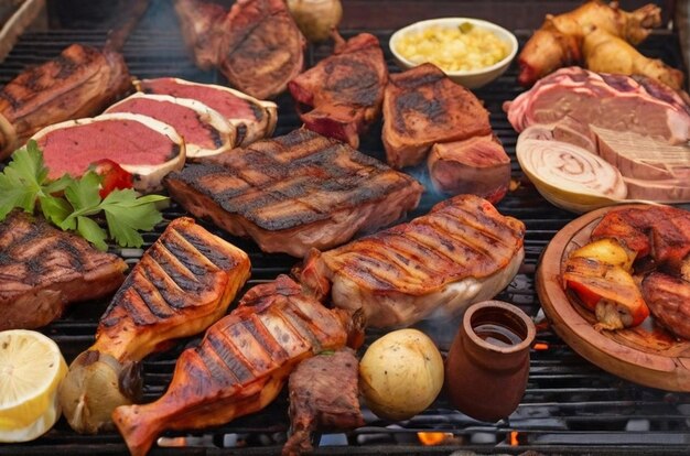 Assortment of meat grilled in barbecue