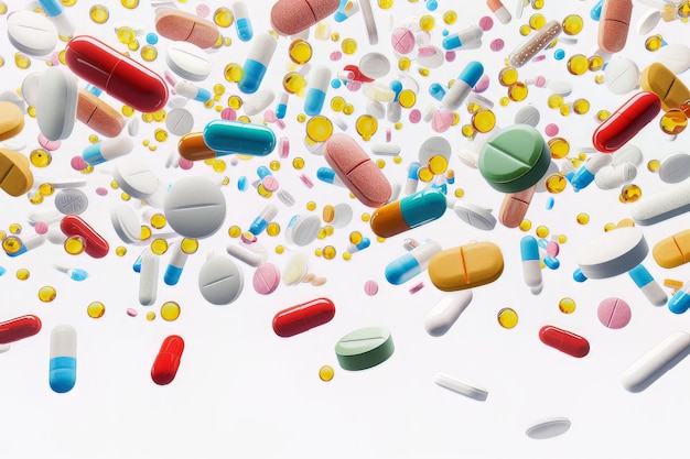 Assortment of medications pills fly mid air