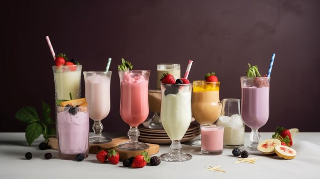 Assortment of milkshake glasses with fruits and chocolate