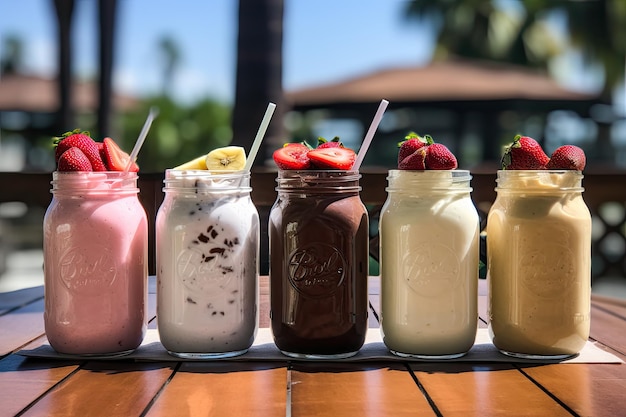 Assortment of milkshakes served in jars Options include banana chocolate strawberry with nuts and