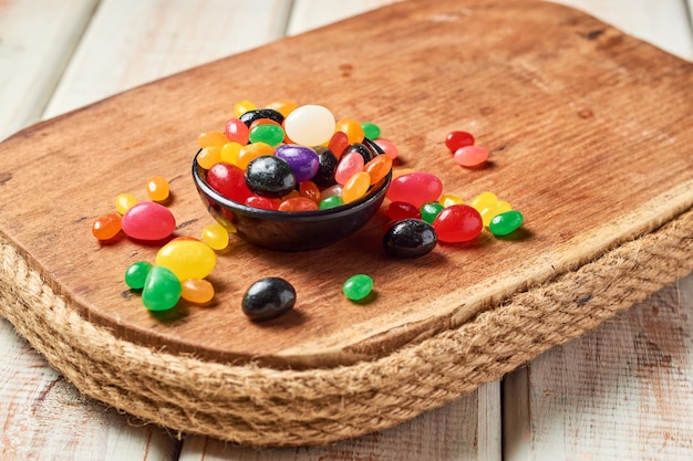 Assortment of multicolored jelly beans in a bowl