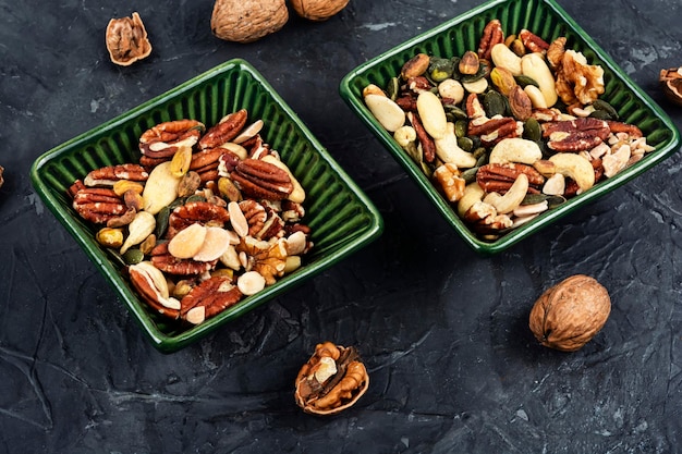 Assortment of nuts in bowls