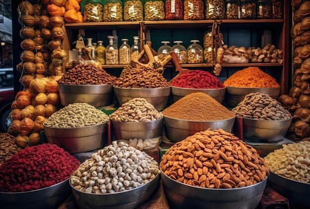 an assortment of nuts and dried fruit on display in the style of documentary travel photography