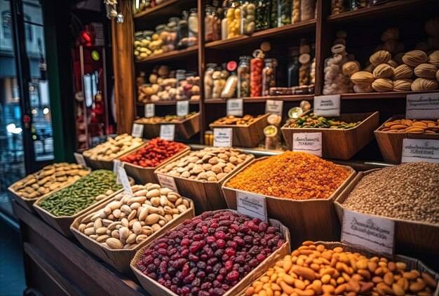 an assortment of nuts and dried fruit on display in the style of documentary travel photography