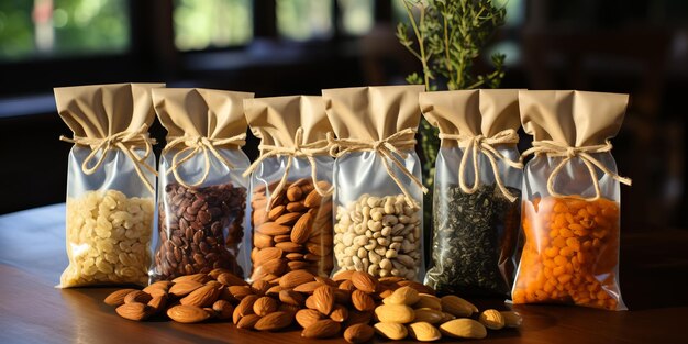 Photo assortment of nuts in transparent packaging on the shop shelf