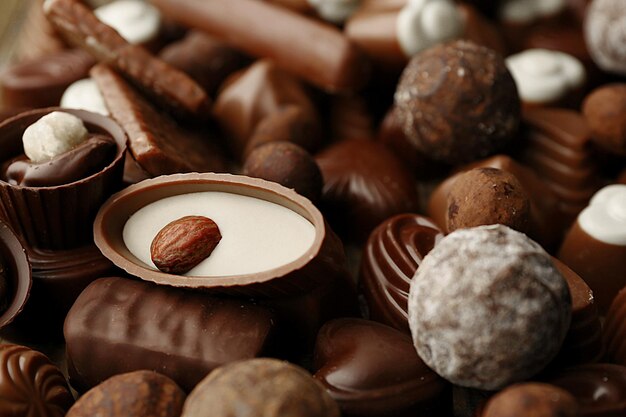사진 맛있는 초콜릿 사탕 배경의 구색을 닫습니다.
