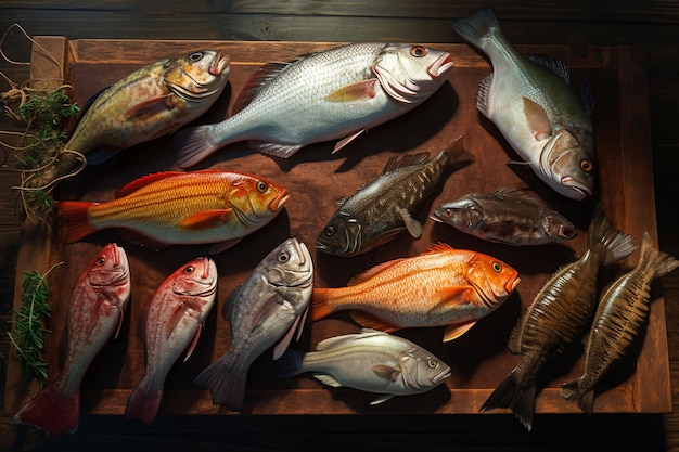 写真 木製の背景に新鮮な魚のアソシエーション トップビュー ai生成