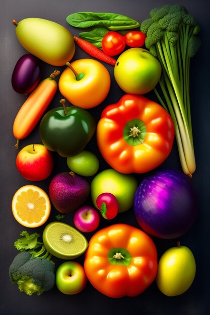 Фото Ассортимент свежих органических фруктов и овощей радужного цвета