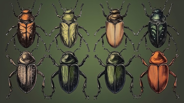 写真 カブトムシを含む手描きの昆虫の品揃え ユニークで芸術的なコレクション ジェネレーティブ ai