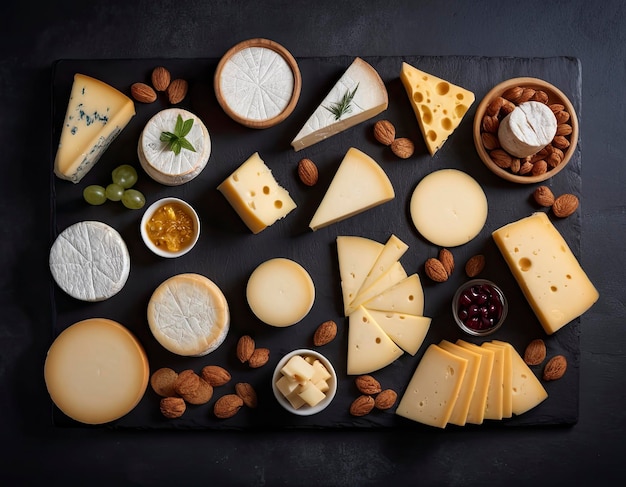 사진 스타일리시한 어두운 배경에 스튜디오 조명으로 촬영된 다양한 치즈의 종류